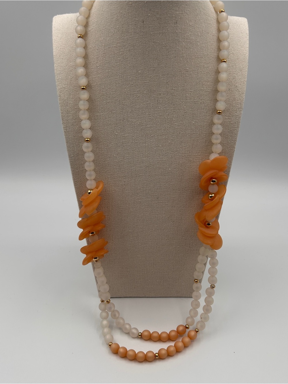 Vintage Napier Frosted Sherbet Flower Beaded Necklace 28" Peach Lucite Moonglow